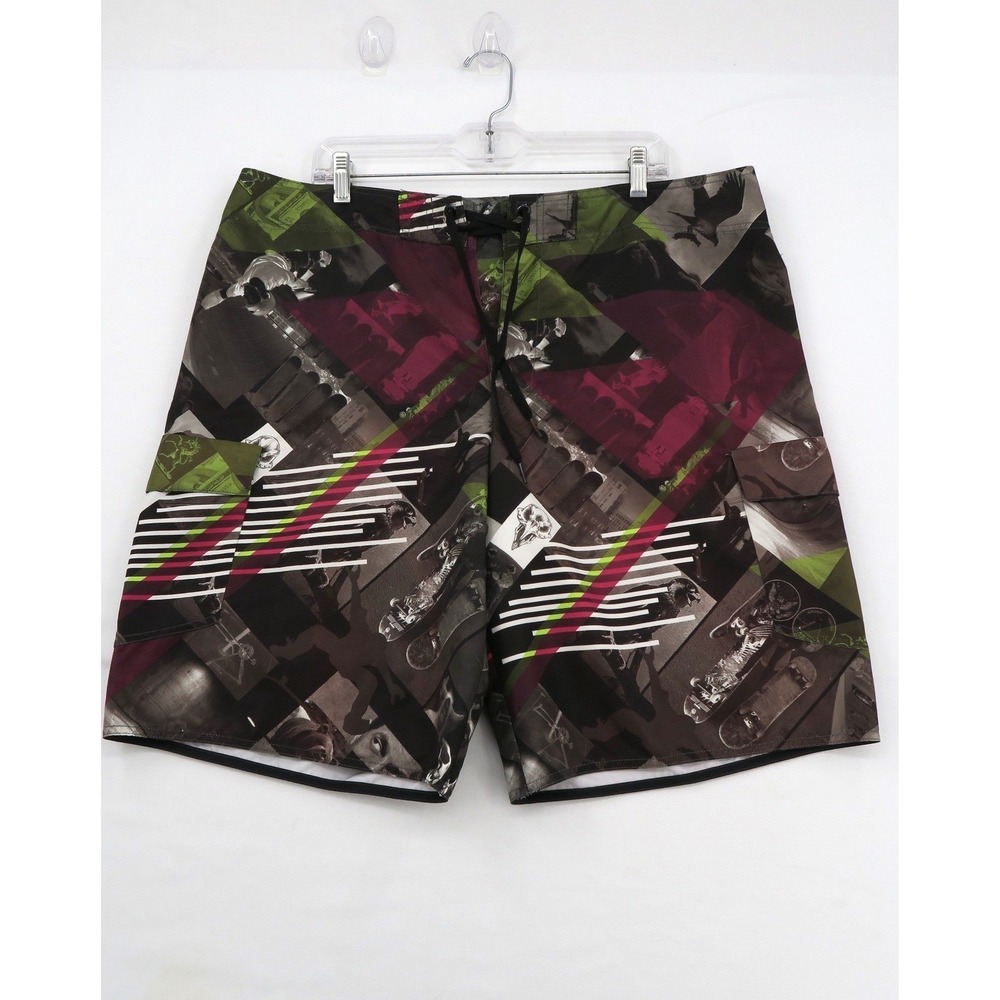 Tony Hawk Mens Board Shorts Size 38 Skate Collage Print Cargo Swim Trunks Multi